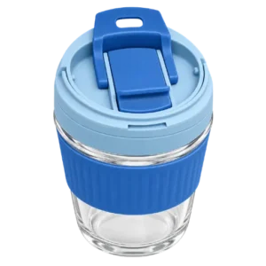 Premium Glass Mug with Flip Lid Blue Drinking Glass Cup