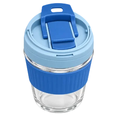 Premium Glass Mug with Flip Lid Blue Drinking Glass Cup